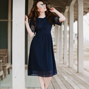 Piper & Scoot Nashua Lace Top Flare Dress Navy Large